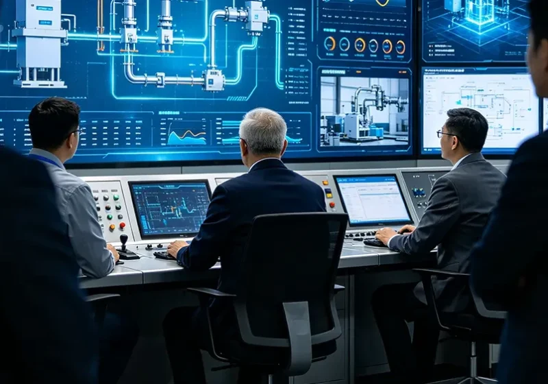 Operators at a control room console during plant startup
