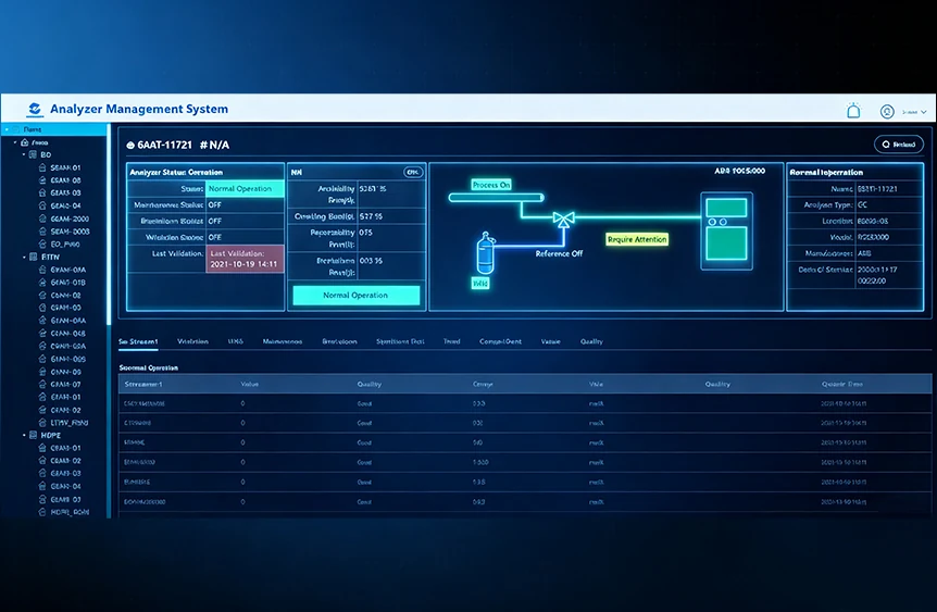 AMADAS analyser management system web interface showing analyser status and stream data